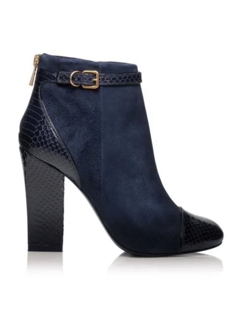 Tory Burch Navy Suede & Textured Leather Ankle Boot with Gold Buckle